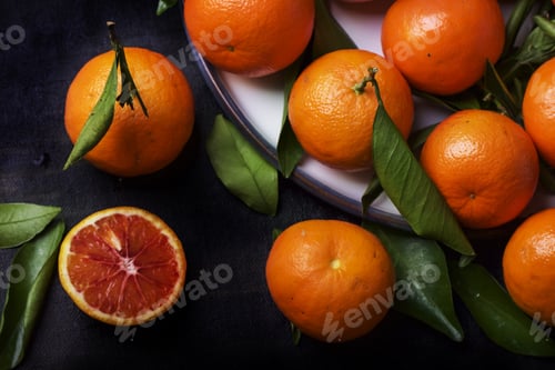 Preview: Sicilian Oranges On A Vintage Ceramic Plate, Sliced Half With Leaves