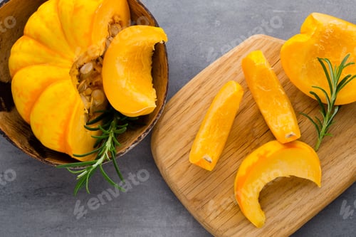 Preview: Pupkin Slices On The Gray Background.