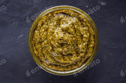 Preview: Delicious Traditional Italian Pesto Sauce On Dark Stone Background