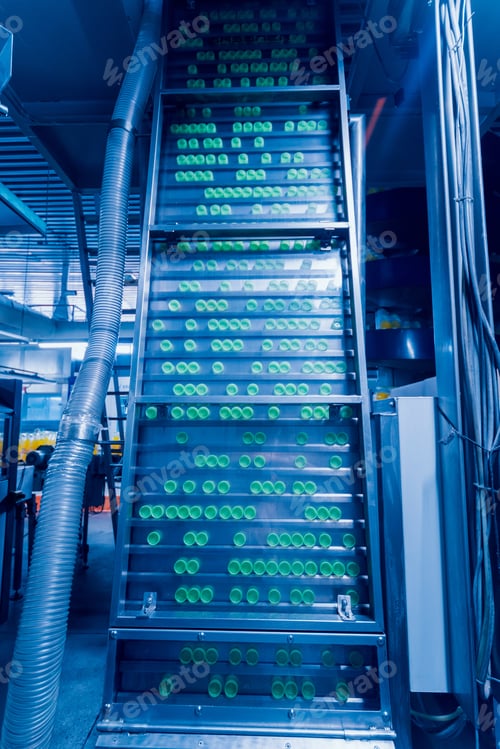 Preview: Beverage Factory Interior. Conveyor With Bottles For Juice Or Water. Modern Equipments