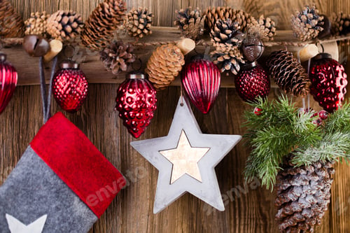 Preview: Christmas Greeting Card. Festive Decoration On Wooden Background. New Year Concept. Copy Space