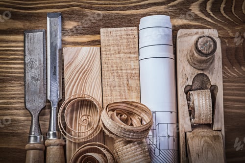 Preview: Engineering Drawing Shaving Plane Chisels Wooden Bricks Shavings On Wood Board.