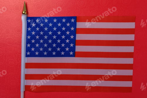 Preview: American Patriotic Little Flag Lies On The Table, Background.