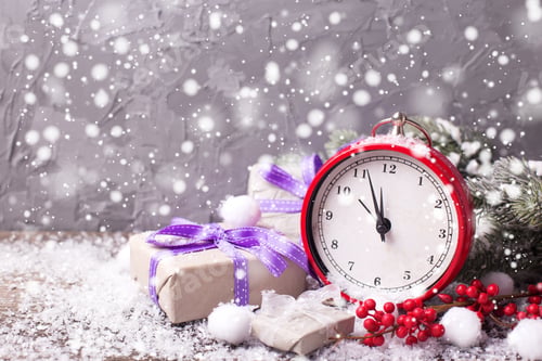 Preview: Vintage Red Clock, Calendar, Box With Presents, Branches Fur Tree And Red Berries On Aged Wooden