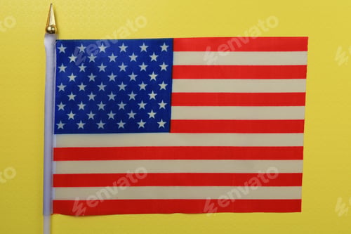 Preview: American Patriotic Little Flag Lies On The Table, Background.
