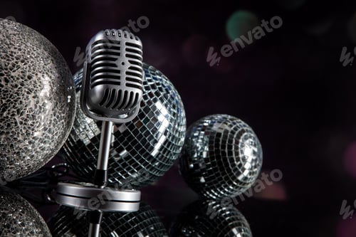 Preview: Professional Silver Microphone On A Black Glossy Background