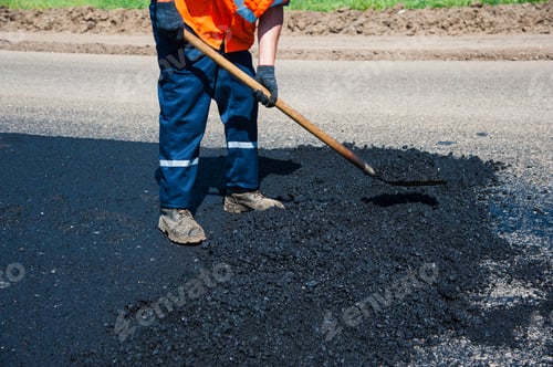 Preview: Workers On A Road Construction, Industry And Teamwork, New Asphalt