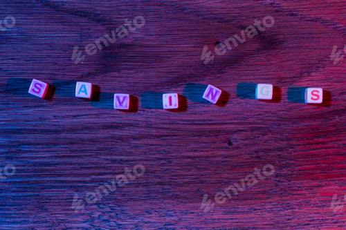 Preview: Savings Cubes With Text In Neon Street Cyber World Of Darkness. Atmospheric Concept. Abstract