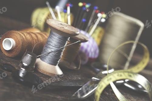Preview: Sewing Instruments, Threads, Needles, Bobbins And Materials. Studio Photo