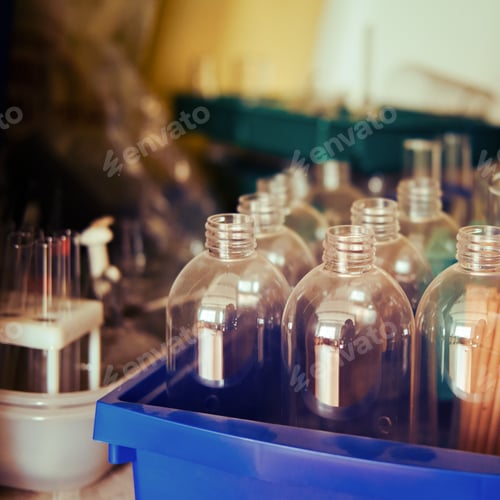 Preview: Empty Flasks And Bottles In The Laboratory, Close-Up