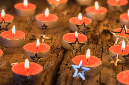 Preview: Christmas Background With Many Burning Christmas Candles, Festive Decorated With Stars