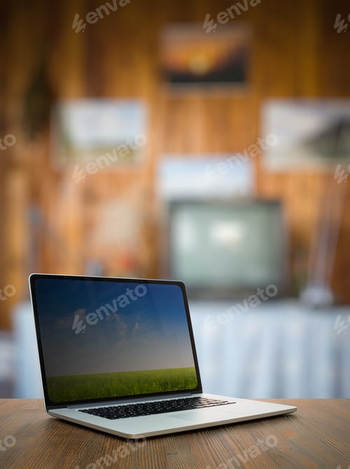 Preview: Computer On Old Vintage Wooden Table In The Living Room