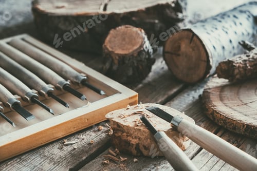 Preview: Set Of Woodworking Tools For Wood Carving And Trees Cuts On Wooden Workbench.
