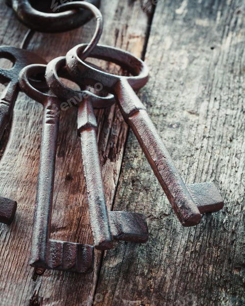 Preview: Old Rusty Keys On Wooden Background.