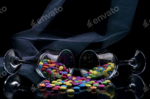 Preview: Two Lying Glasses With Colorful Candies On Black Background