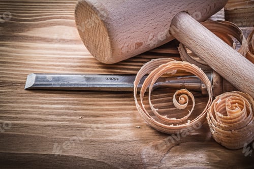 Preview: Wooden Mallet Firmer Chisels Curled Shavings On Vintage Wood Board Construction Concept.