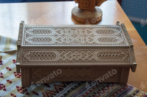 Preview: Antique Jewelry Box Made Of Wood Handmade In The Background Of The Towels With The National Classic