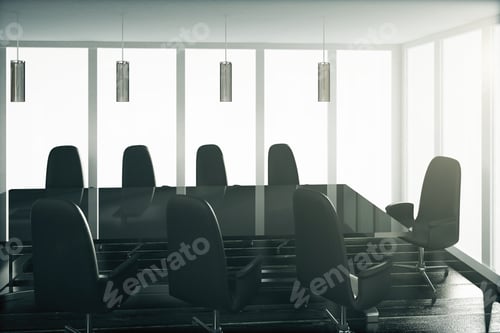 Preview: Conference Room In Black Style With Glassy Table And Chairs 3D Render