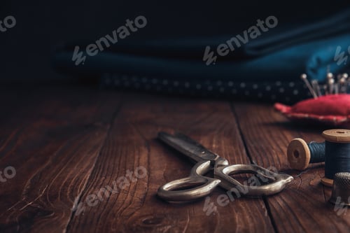 Preview: Sewing Items - Tailoring Scissors, Thread Coils, Thimble, Cushion For Including Pins. Stack Of