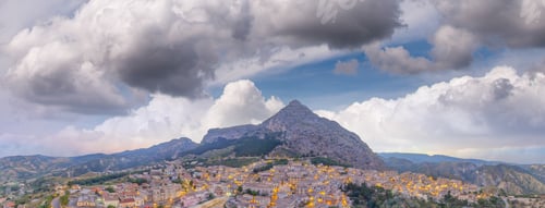 Preview: Stilo Panoramic Aerial View At Summer Sunset, Medieval Town On Top A Calabria Hill, Italy.