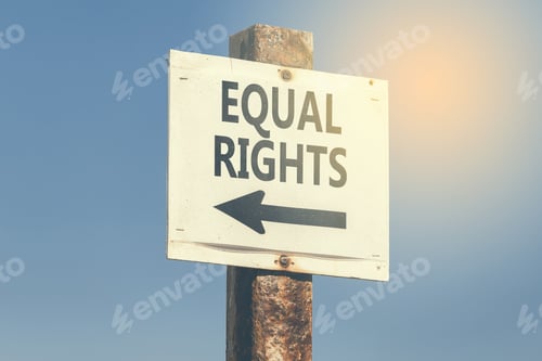 Preview: Equal Rights Word And Arrow Signpost On Clear Sky Background. Motivational Sign. Vintage Style.