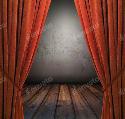 Preview: Old Interior With Red Curtains, Concrete Wall