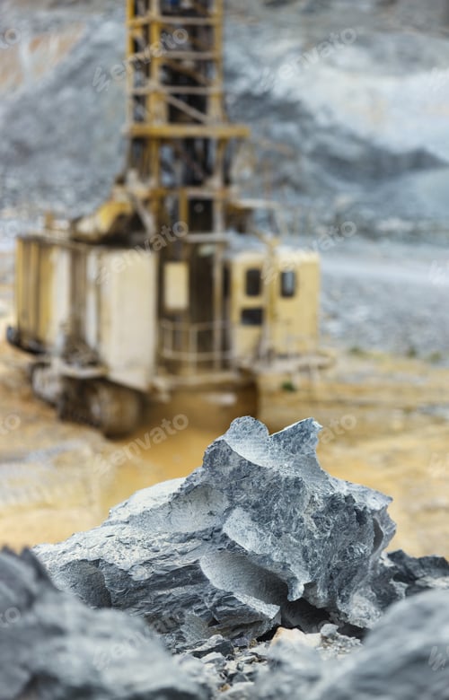 Preview: Large Pieces Of Limestone Ore With Traces Of Drilling, Close-Up, Against The Background Of An