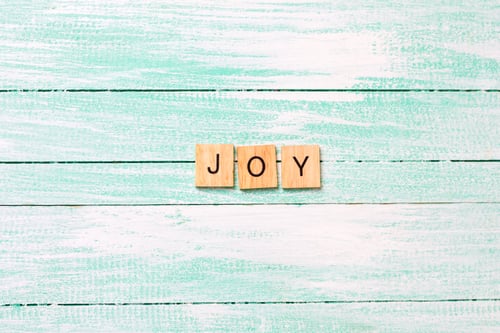 Preview: Word Joy Made From Wooden Blocks On Turquoise Wooden Background. Top View. Inspirationa Concept