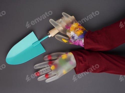 Preview: Invisible Hands Holding Little Blue Garden Paddle. Rubber Gloves With Clear Liquid And Colored