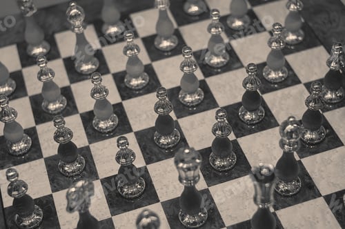 Preview: Chessboard With High-Quality Artisan Chess, Arranged And Ready To Play A Game.