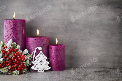 Preview: Three Purple Candles On Gray Background, Christmas Decoration. Advent Mood.