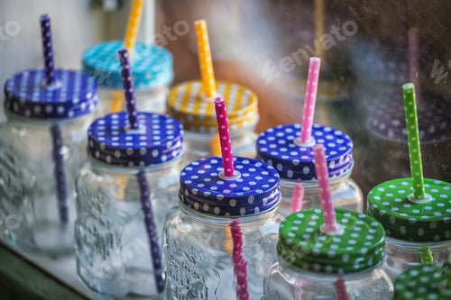 Preview: Drinking Glasses With A Handle And Tube On Hay At Cafe.
