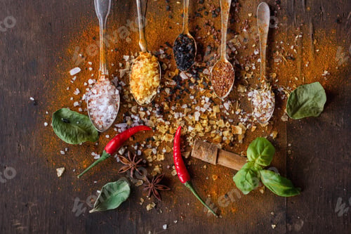 Preview: Variety Of Salt And Spices In Spoons On Rustic Wooden Background. Top View