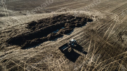 Preview: Fertilizer On The Field. Tractor Near The Pile Of Manure. Aerial Survey