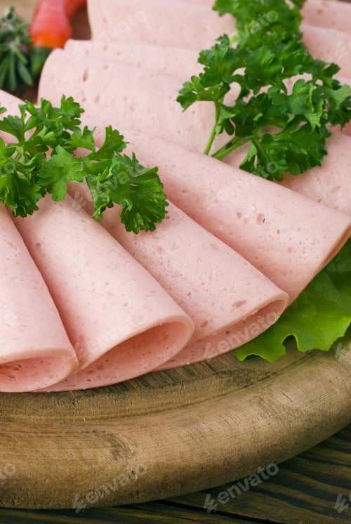 Preview: Fresh Ham Slices With Lattuce And Cherry Tomato On The Wooden Board