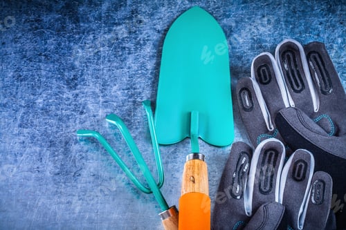 Preview: Metal Rake Trowel Safety Gardening Gloves Agriculture Concept.
