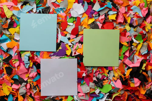 Preview: Three Blank Stickers With Place For Text On The Background Of A Huge Number Of Pieces Of Torn