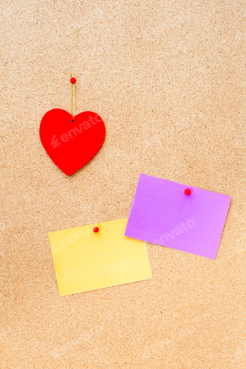 Preview: Valentine'S Day Red Heart And Two Empty Card Pinned On Wooden Cork Board Vertical