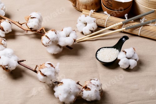 Preview: Traditional Asian Kitchen Utensils Chopsticks, Ceramic Bowls And Bamboo Steamer Served With Rice