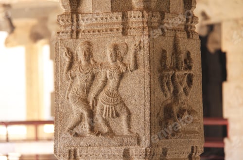 Preview: Stone Bas-Reliefs On The Column In Shiva Virupaksha Temple, Hampi. Carving Stone Ancient