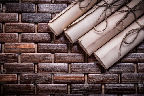 Preview: Heap Of Vintage Parchment Rolls On Wicker Wooden Mat.