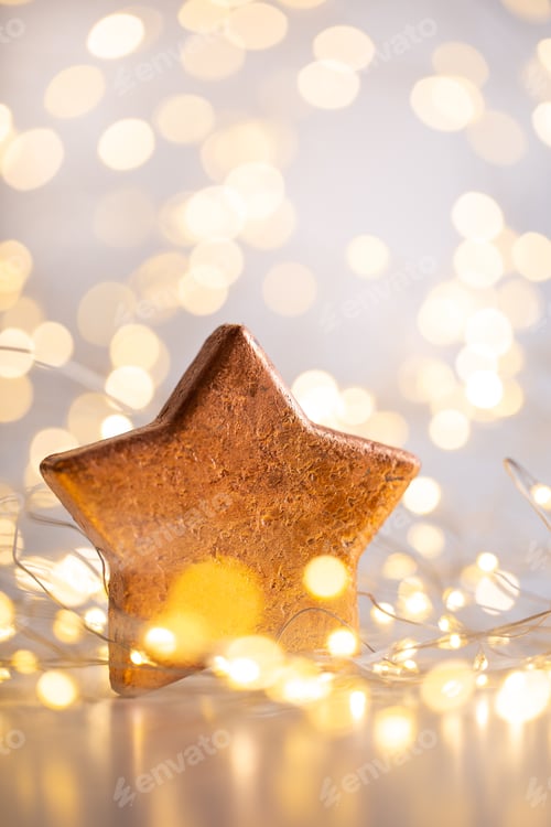 Preview: Christmas Gold Bokeh Background With Decorative Star. Christmas Gold Stars. Christmas Pattern