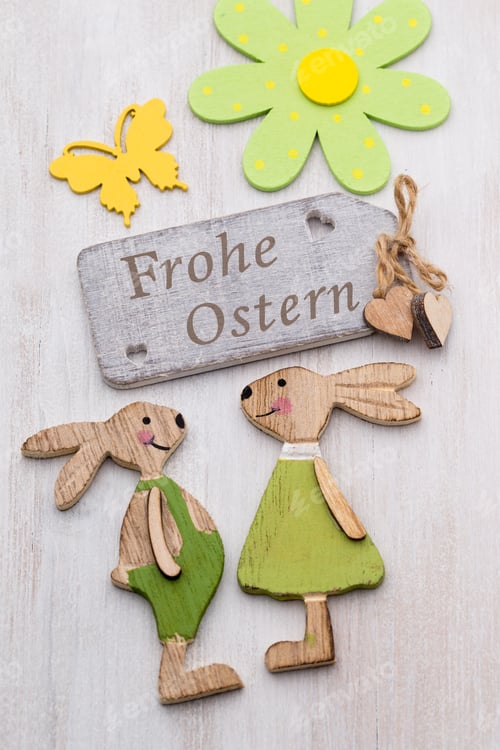 Preview: Spring And Easter Decor. Wooden Symbols Bunny, Flowers And Butterflies.
