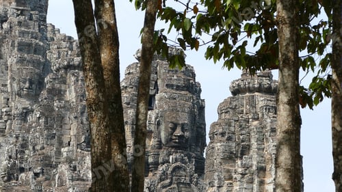 Preview: Angkor Thom Temple With Smiling Faces Carved Into Stone Walls At Krong Siem Reap, Cambodia