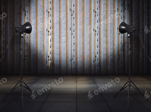 Preview: Photo Studio In Old Grunge Room With Metallic Wall, Urban Background