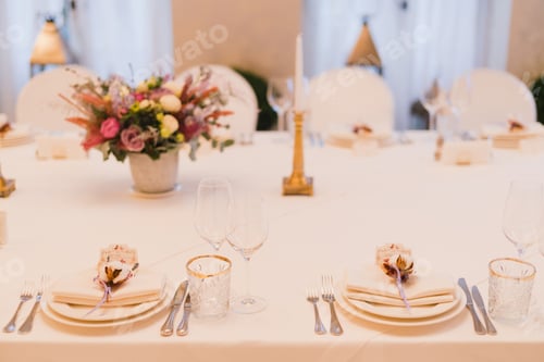 Preview: Coziness And Style. Modern Event Design. Table Setting At Wedding Reception. Floral Compositions