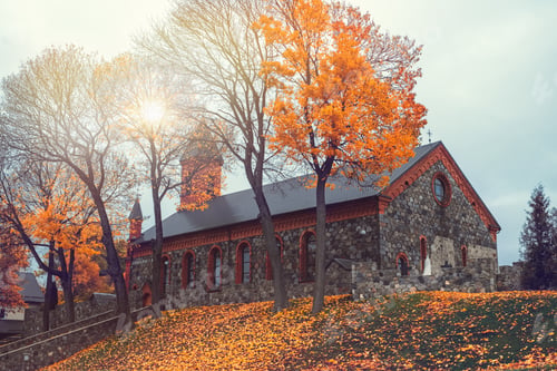 Preview: Gothic Catholic Church Of The Nativity Of The Virgin Mary On Castle Hill In Autumn In Braslaw