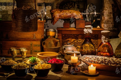 Preview: Medieval Ancient Kitchen Table With Typical Food In Royal Castle.