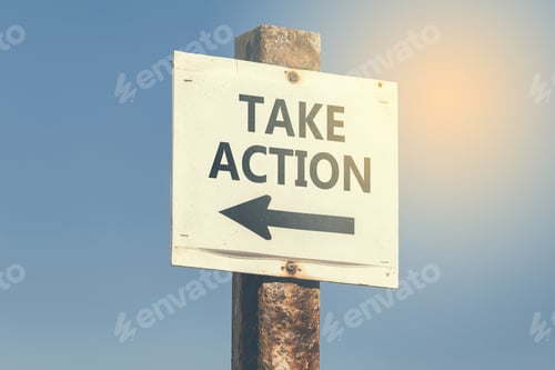 Preview: Take Action Word And Arrow Signpost On Clear Sky Background. Motivational Sign. Vintage Style.