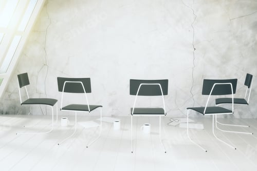 Preview: Empty White Room With Chairs, Cups Of Coffee And Othe Accesories On The Floor 3D Render